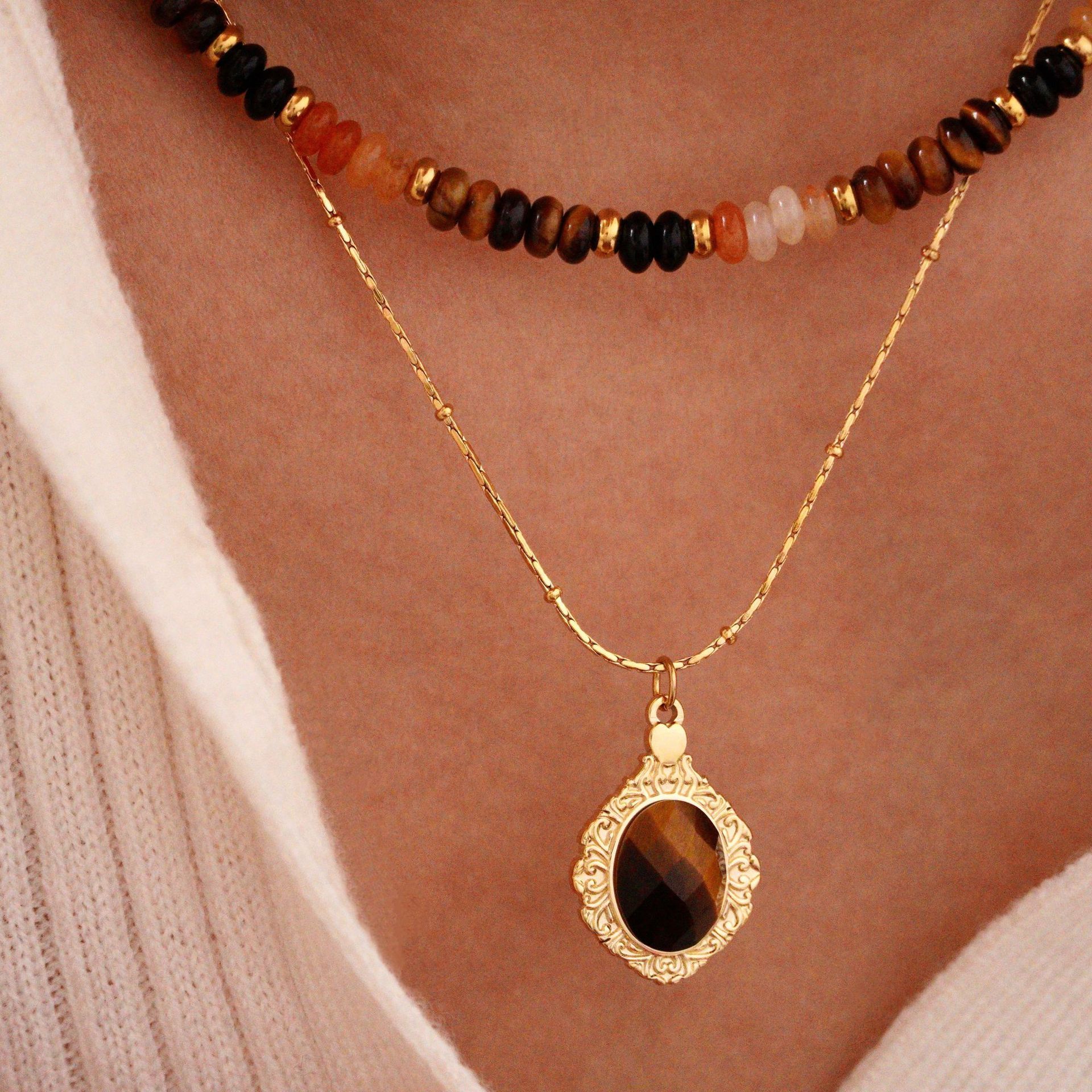 Simple Style Classic Style Round Natural Stone Titanium Steel Necklace In Bulk