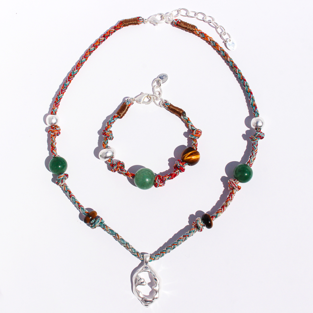 Handmade Colorful Beaded Natural Stone Necklace Liquid Silver Pendant Tiger Eye Stone Bracelet For Ladies Beach Vacation Style Accessories