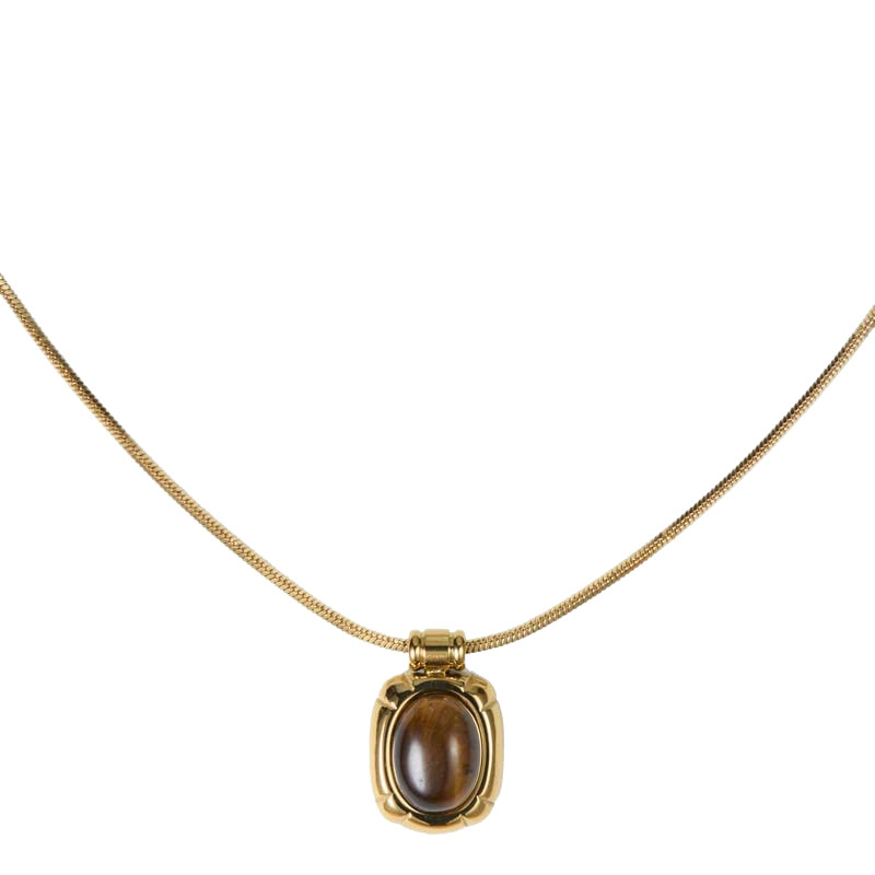 Tiger Eye Stone Black Agate Green Sapphire Pendant Necklace Titanium Steel Plated 18K Gold Geometric Elements Women Choker