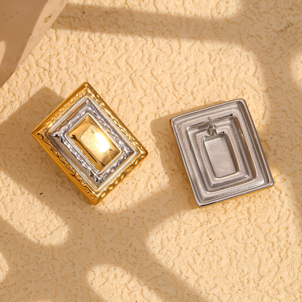 PVD Coated Real Gold Plated Rectangle 304 Stainless Steel Vintage Style Waterproof Non Tarnish Ear Studs