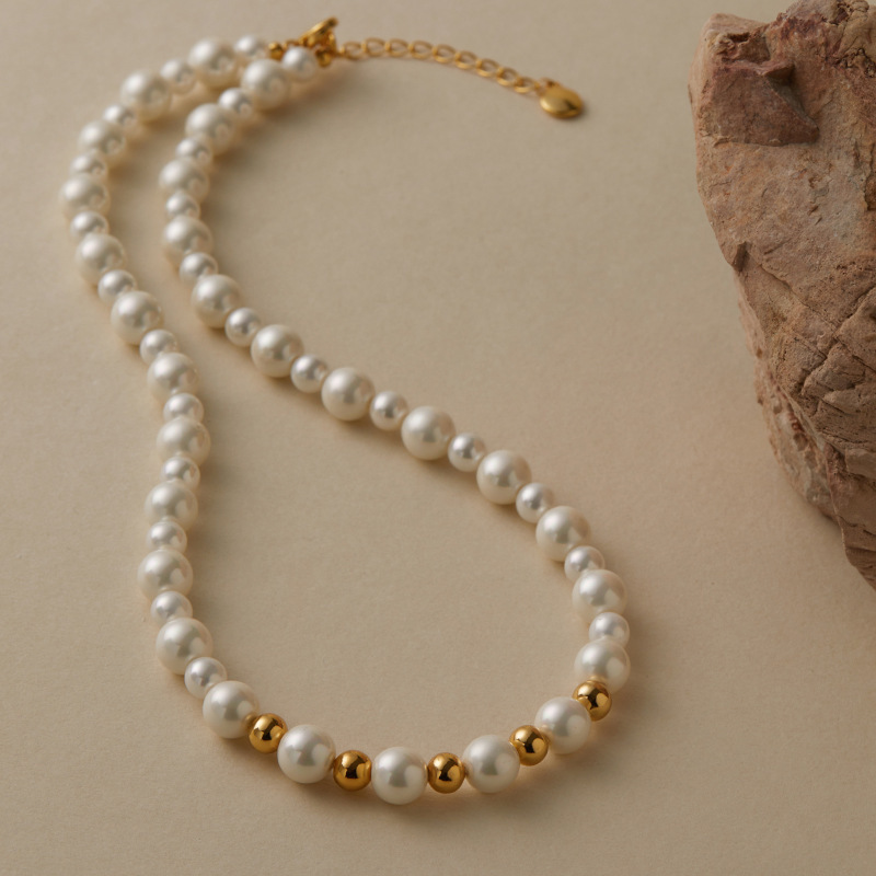 Handmade Pearl Shell Bead Necklace Vintage Versatile Elegant Women's Geometric Pattern Copper Jewelry Accessories Necklace