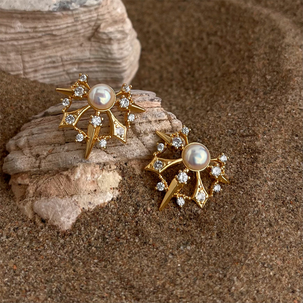 Designer Pearl Earrings Thick Plated 18K Gold Vintage Artistic Starburst Sensation Quality Female Sweet Style Jewelry Accessories