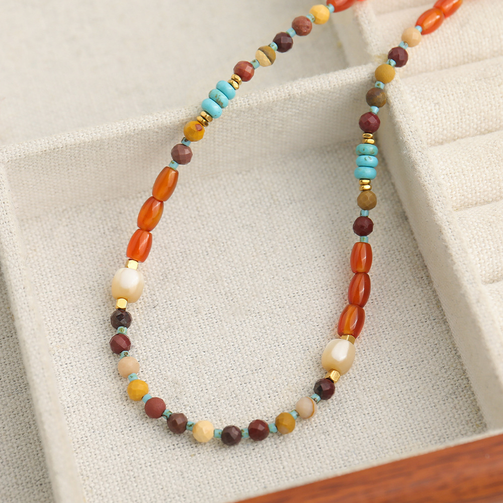 Natural Stone Agate Necklace Women's Hanfu Accessories New Chinese Style Sweater Chain Geometric Pattern Oval Shape Beads Design