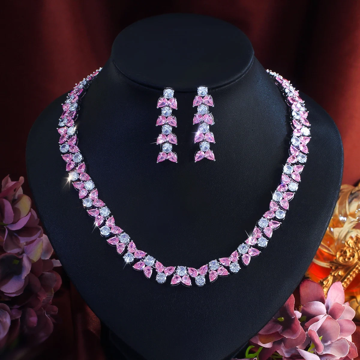 2-Piece Copper Jewelry Set Sweet Pink Cubic Zirconia Necklace Earrings Set Suitable For Women's Wedding/Engagement Occasions