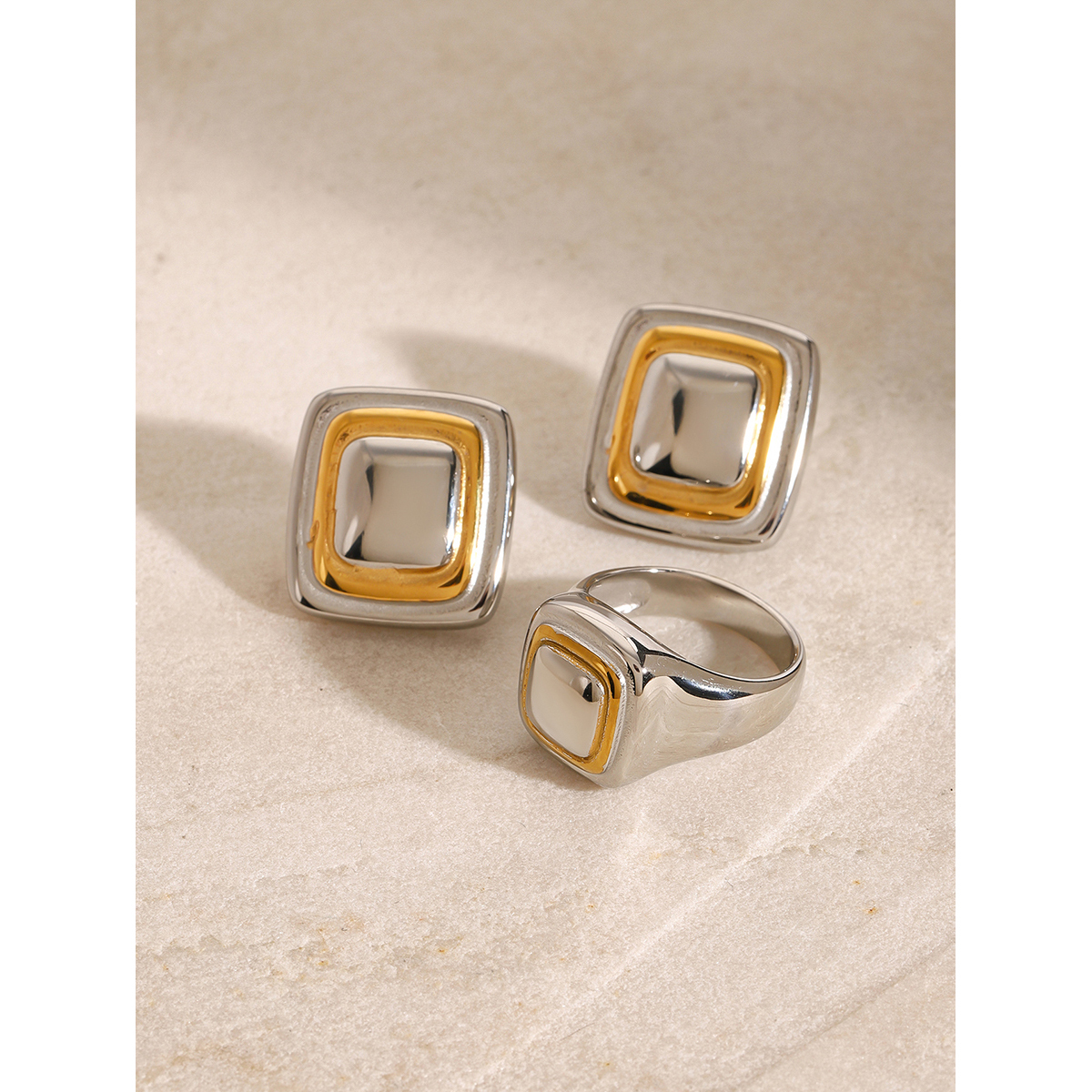 304 Stainless Steel Square PVD Coated 18K Real Gold Plated Vintage Style Classic Style Mixed Metal Rings Earrings
