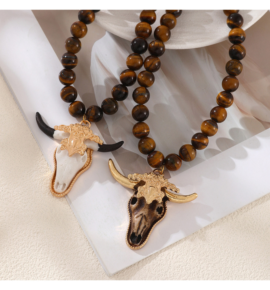 Dark Cow Head Natural Stone Beaded Necklace Unisex Daily Sweater Accessories Trendy Winter