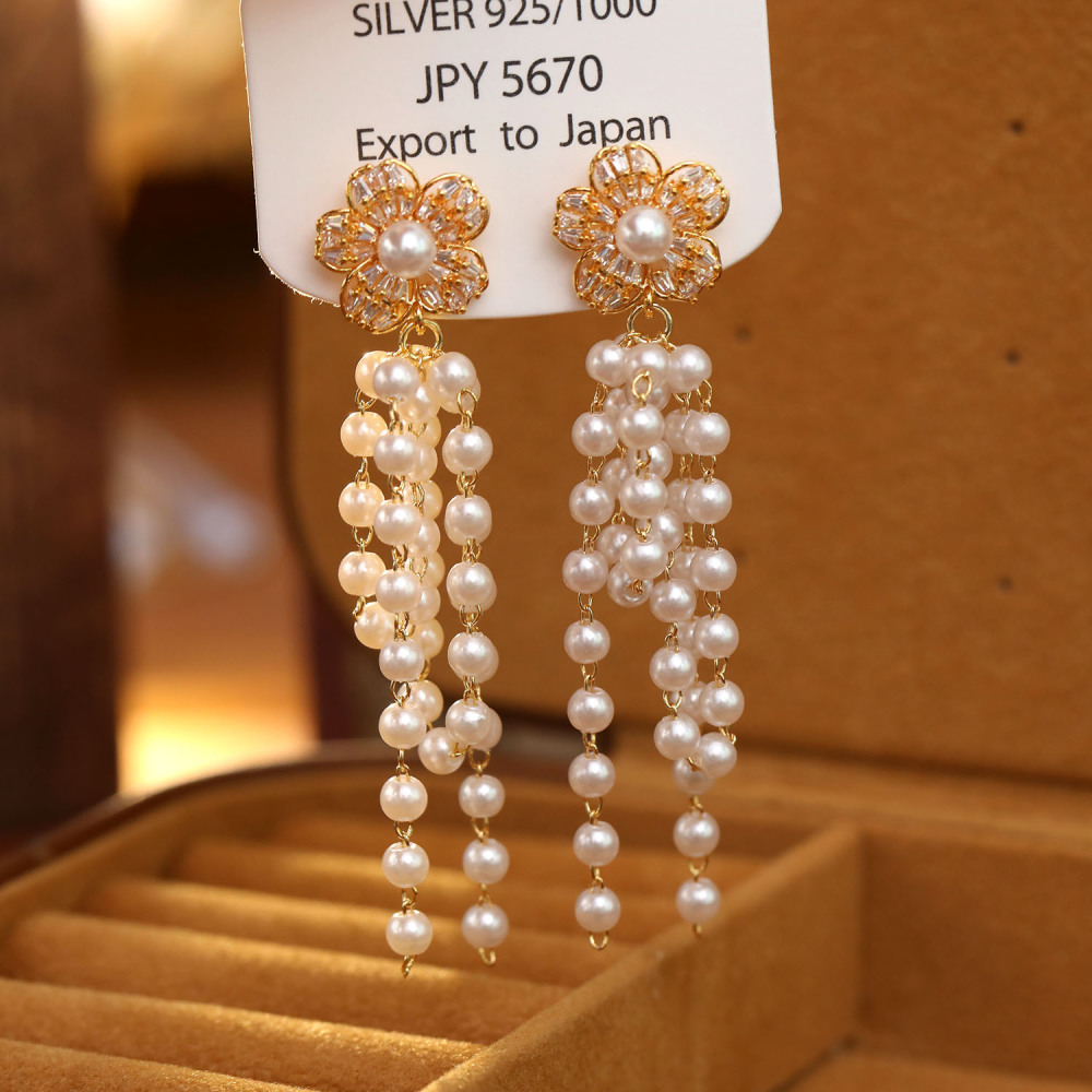 Fashionable Long Pearl Earrings S925 Silver Needle Tassel Drop Earrings New Trendy Jewelry Accessories Women's Geometric Pattern Bohemian Style