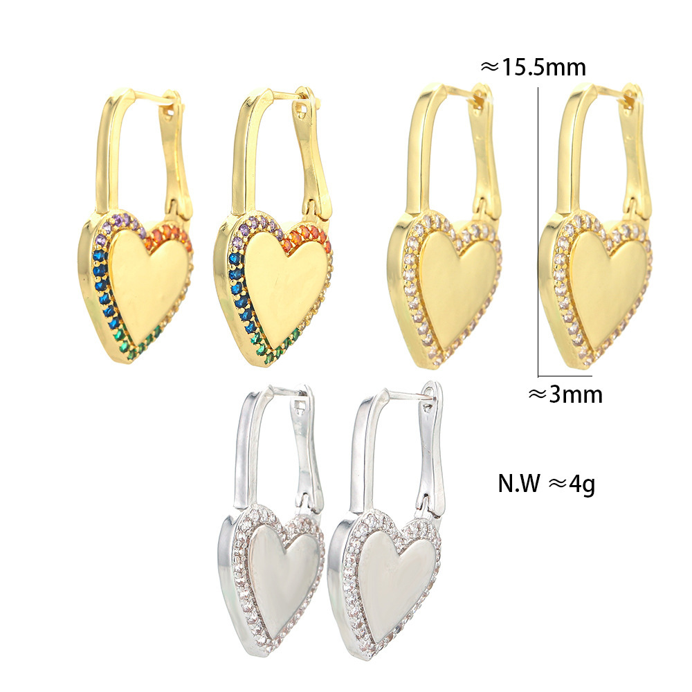 Fashion Heart-shaped Copper Inlaid Zircon Square Lock Earrings