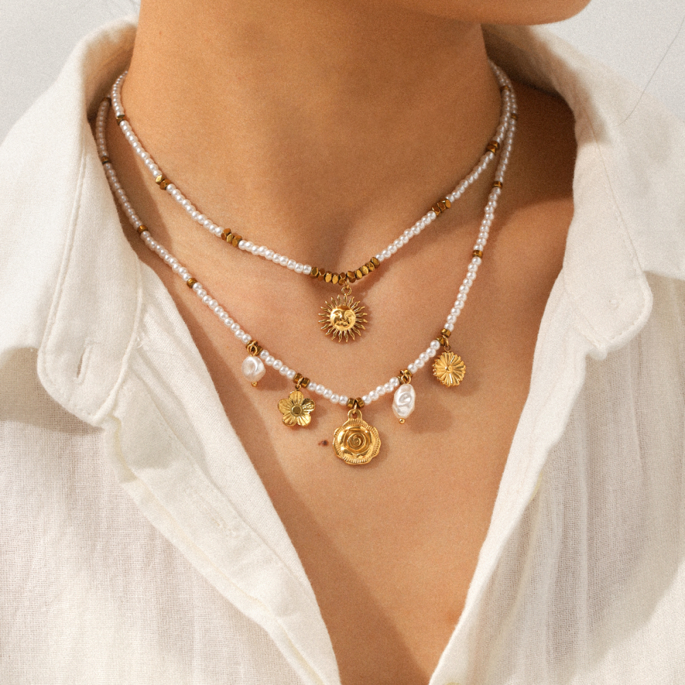 Jewelry Pearl Chain 304 Stainless Steel Sunflower Pendant Necklace For Women High-End Accessories Fashionable Necklace Vacuum Electroplated 18K Gold Plated INS Style Elegant Beaded Lobster Clasp