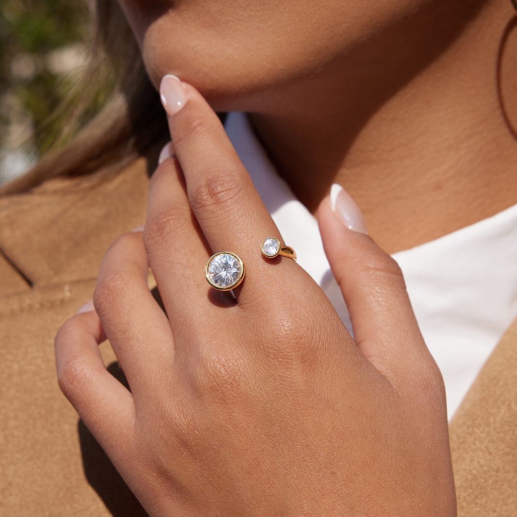 Women - Classic Style / 18K Gold 304 Stainless Steel + Zircon / With White Zircon Linear Open Ring Geometric Asymmetric Plated 18K Real Gold Vacuum Electroplating (In Furnace) Elegant