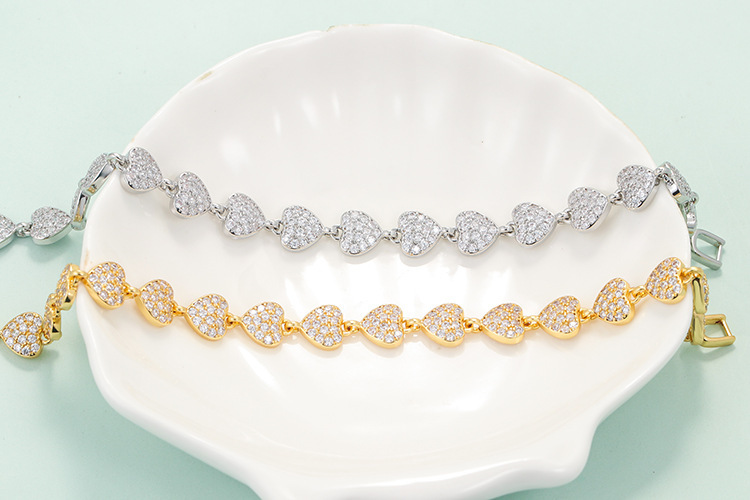 Fashion Geometric Full Row Of Heart Micro-encrusted Zircon Copper Bracelet