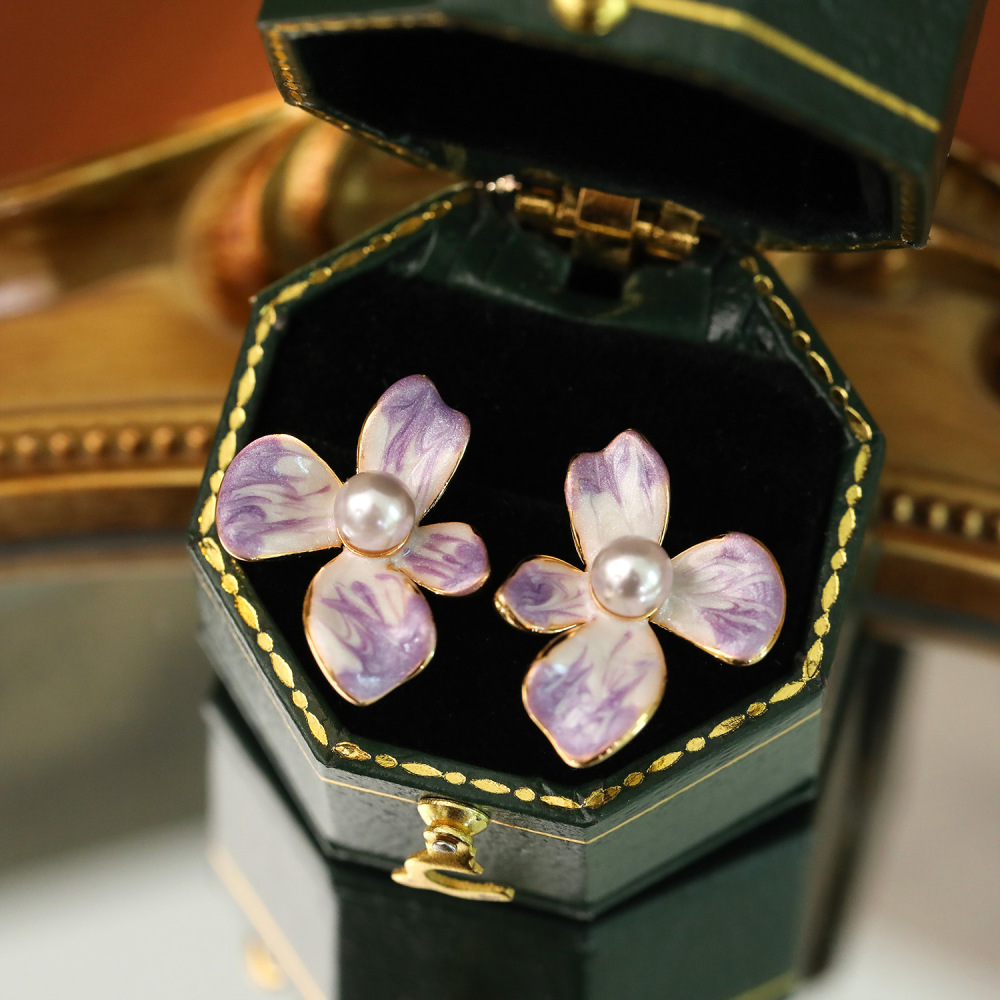 Retro Bohemian Pearl Earrings Painted Frame Enamel Color Floral Design Fashionable Luxury Artistic Women's Jewelry Accessories