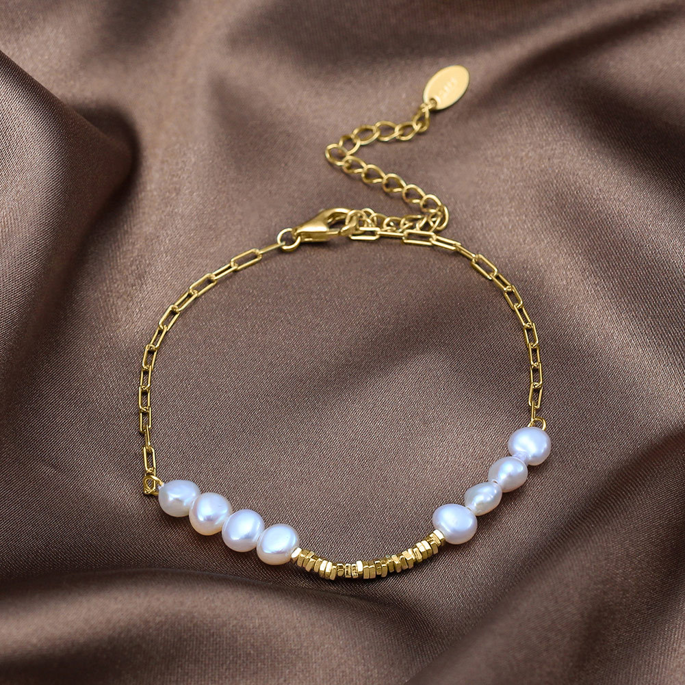 Freshwater Pearl Sterling Silver Geometric Plated Freshwater Pearl Chain Elegant Simple Style Classic Style Plating Bracelets