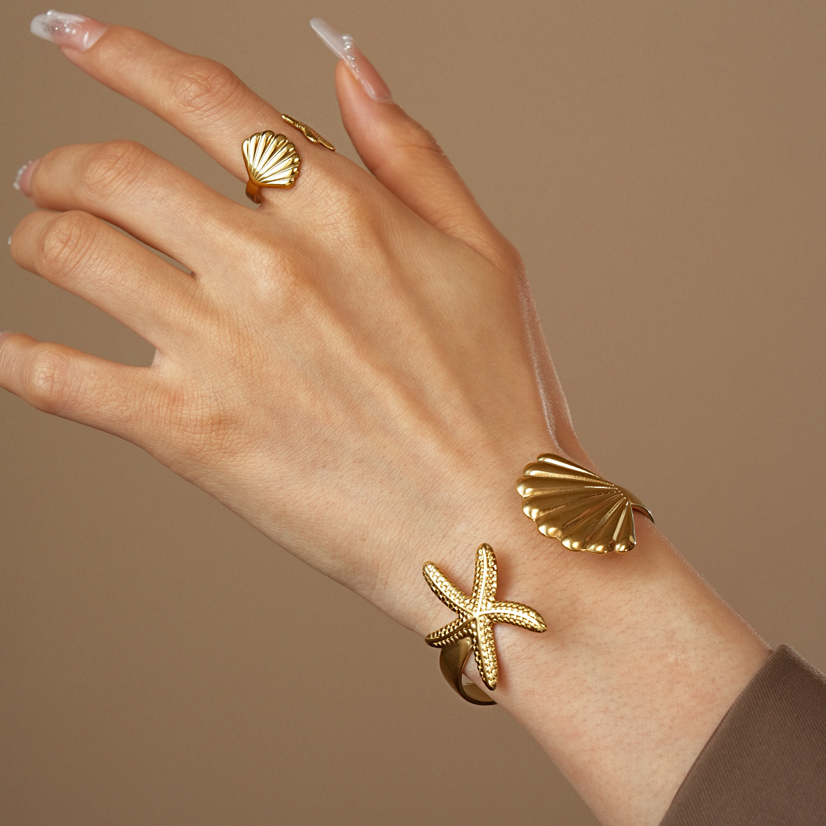 304 Stainless Steel Pearl Shell Starfish Open Ring Bracelet Beach Vacation Style Handmade Jewelry Accessories Flower Jewelry Set