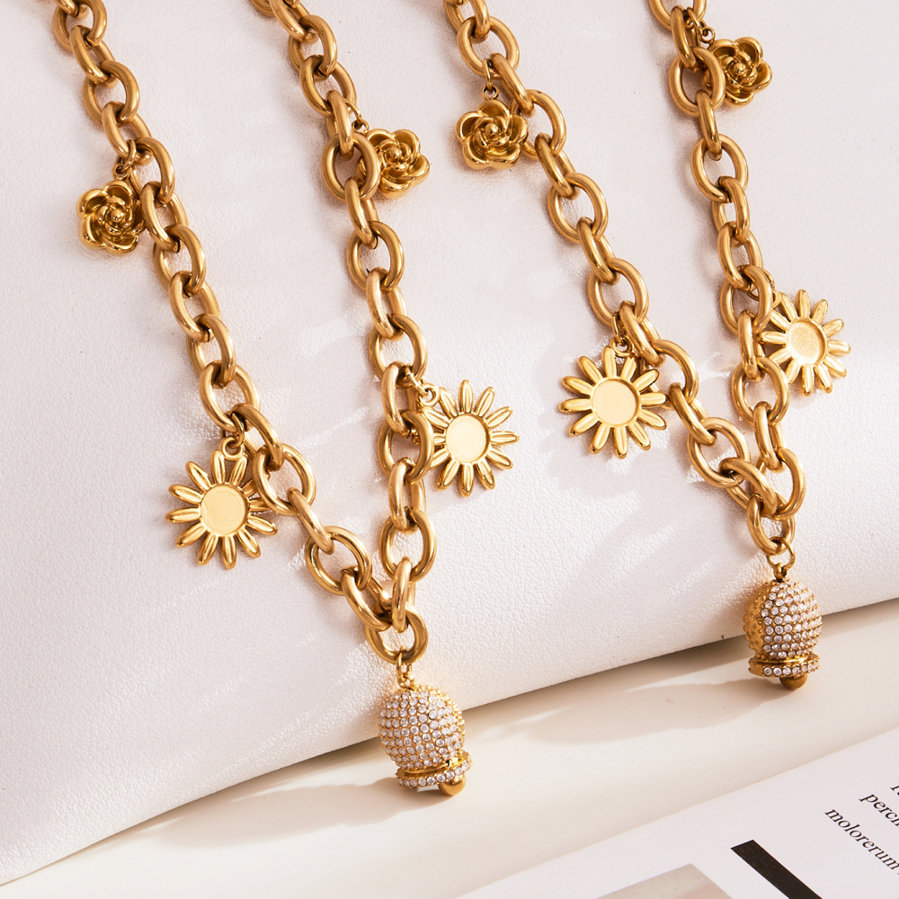 Stainless Steel DIY Multi-Parts Pendant Necklace Bracelet Bell Zircon Sunflower Rose Flower Jewelry Accessories Elegant Luxury Romantic