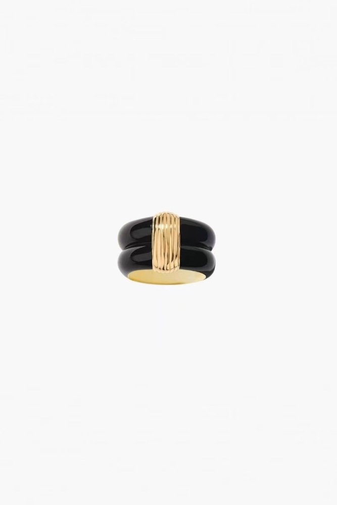French Fashion Enamel Drip Glaze Ring Wide Version Golden Plated Black Striped Elegant Copper Finger Ring Jewelry Accessories