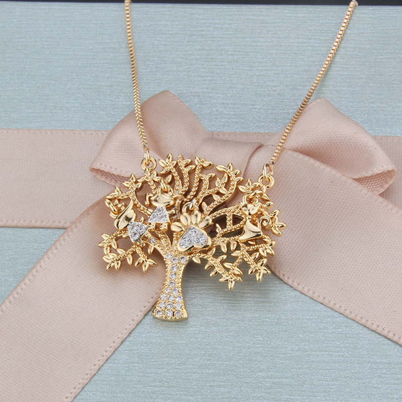New Fashion Champagne Gold Big Tree Pendant Copper Micro Inlay Zircon Tree Necklace Wholesale