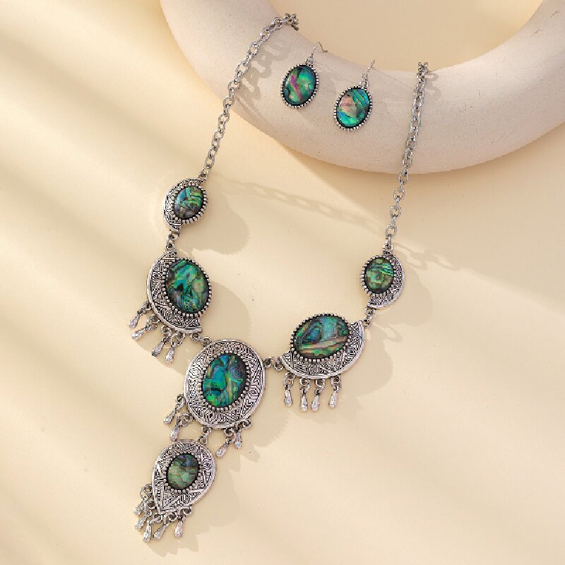 New Retro  Fashion Oval Flower Shape Abalone Shell Earrings Necklace Set Personalized Jewelry Accessories