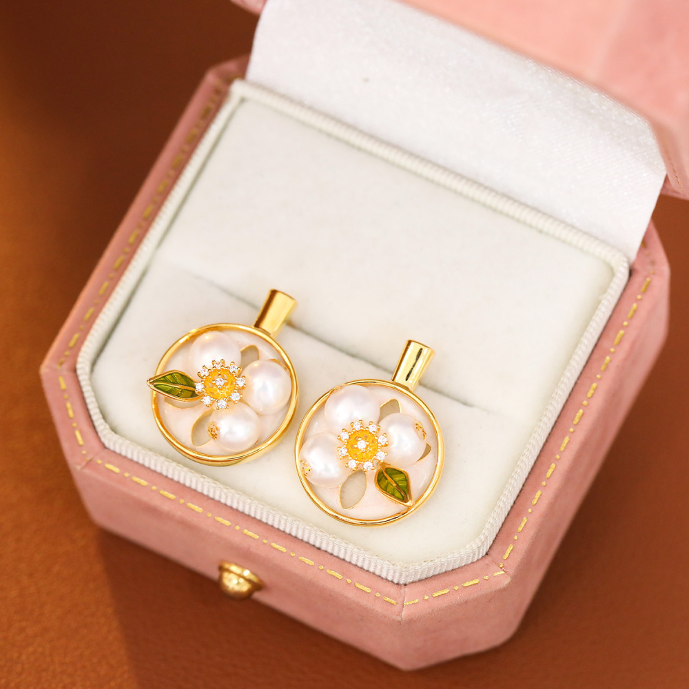 Monet Garden Series Enamel Drip Glaze Freshwater Pearl Earrings Baroque Painting Frame Court Vintage Jewelry Accessories