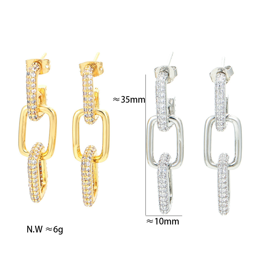 Cross-border New Arrival Personality Double Ring Buckle Earrings Gold-plated Long Earrings For Women Micro Inlaid Zircon Fashion Hip Hop Earrings For Women