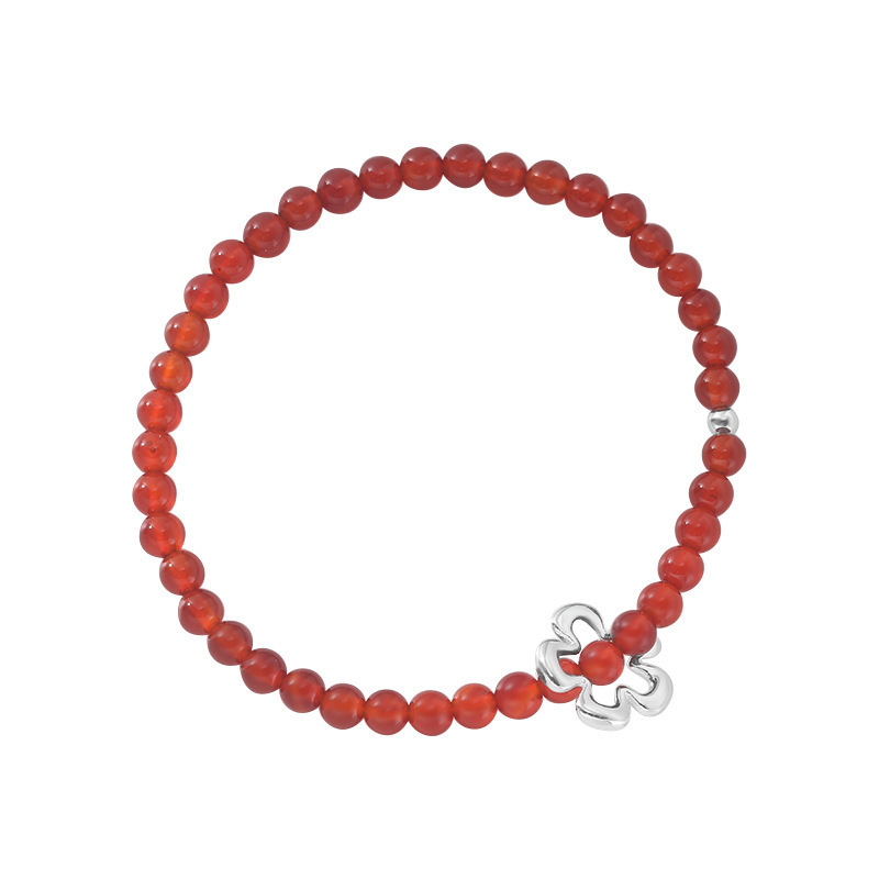 925 Sterling Silver Silver Handmade Red Agate Flower Bracelet Bohemian Elastic Cord New Year Natural Accessories