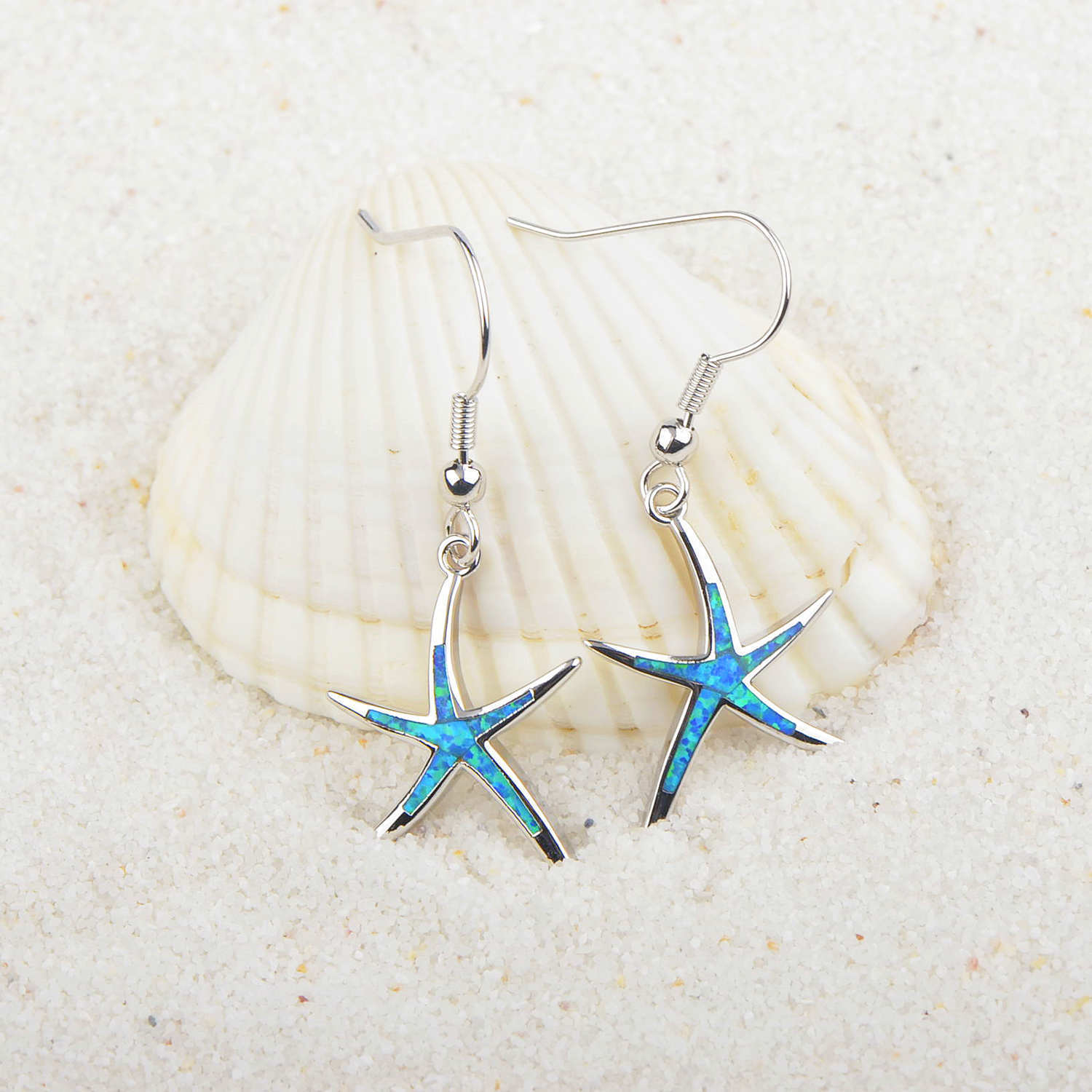 Blue Starfish Opal Hoops Women's Earrings Summer Vacation Style Geometric Pattern Copper Jewelry Accessories