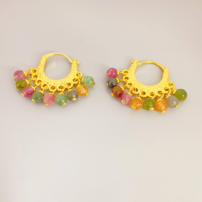 Elegant Chinese Court Style Tassel Topaz Stone Unique Women's Fashionable Versatile Trendy Earrings Geometric Pattern Retro Design