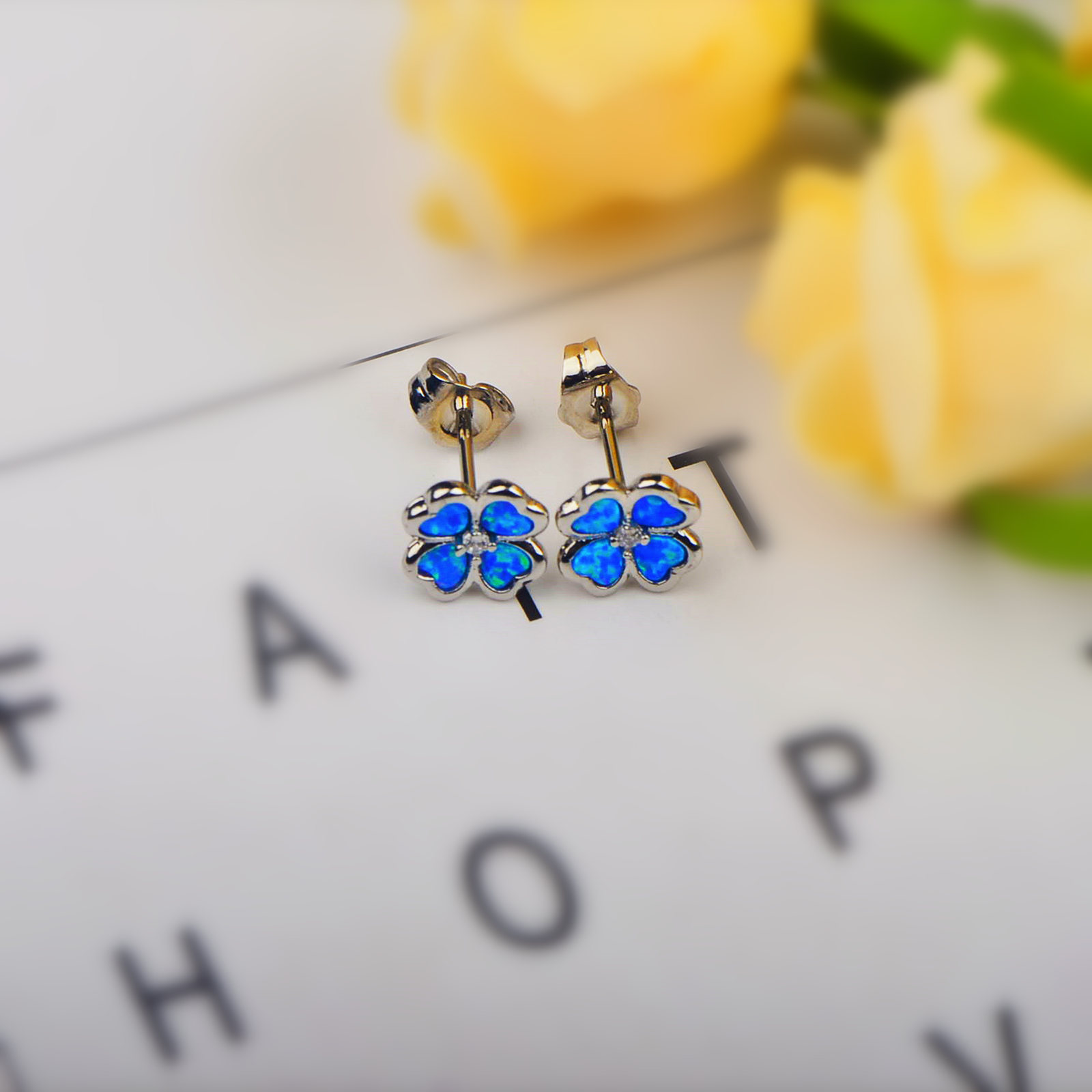 Blue Australian Opal Four Leaf Clover Flower Earrings Bohemian Style Simple Design For Women Copper Material Jewelry Accessories