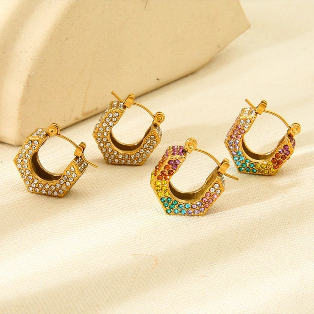 Geometric Stainless Steel Earrings Gold Plated Waterproof Design Women's Jewelry Accessories With Inlaid Diamonds