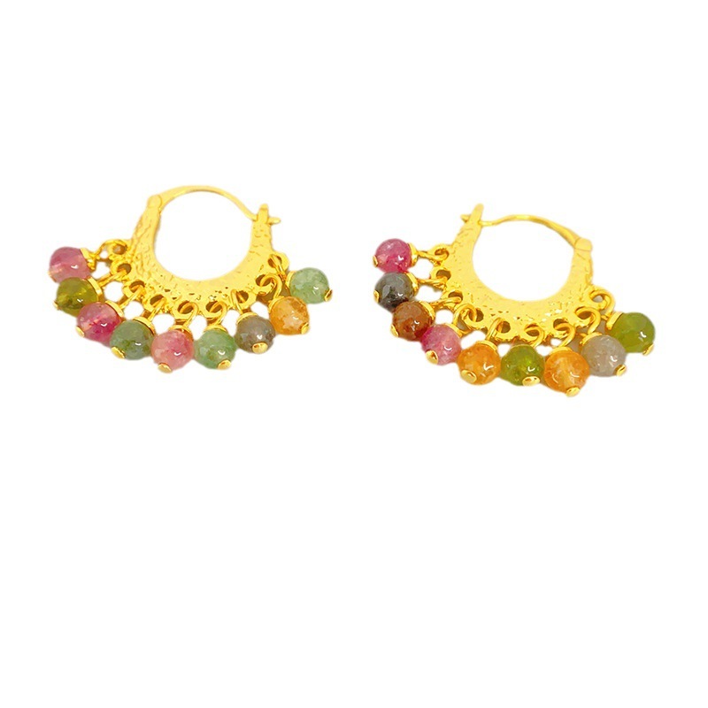 Elegant Chinese Court Style Tassel Topaz Stone Unique Women's Fashionable Versatile Trendy Earrings Geometric Pattern Retro Design