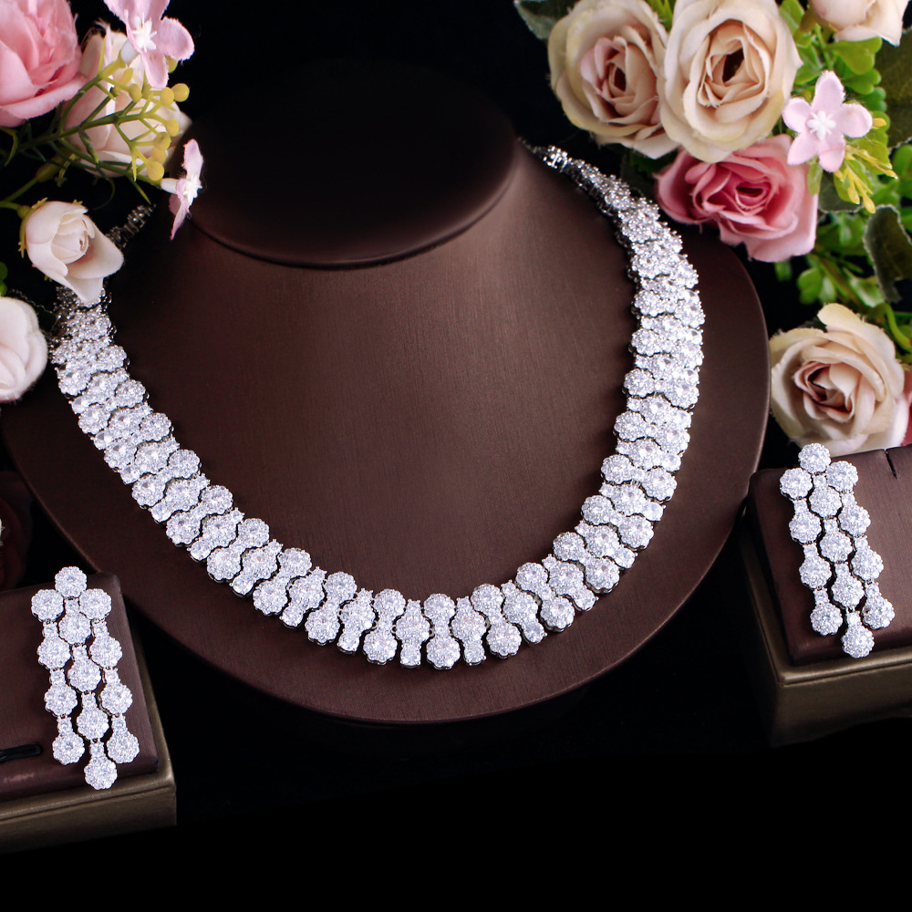 Copper Square Water Droplets Electroplating Zircon Palladium Plating Elegant Bridal Inlay Silver Jewelry Set