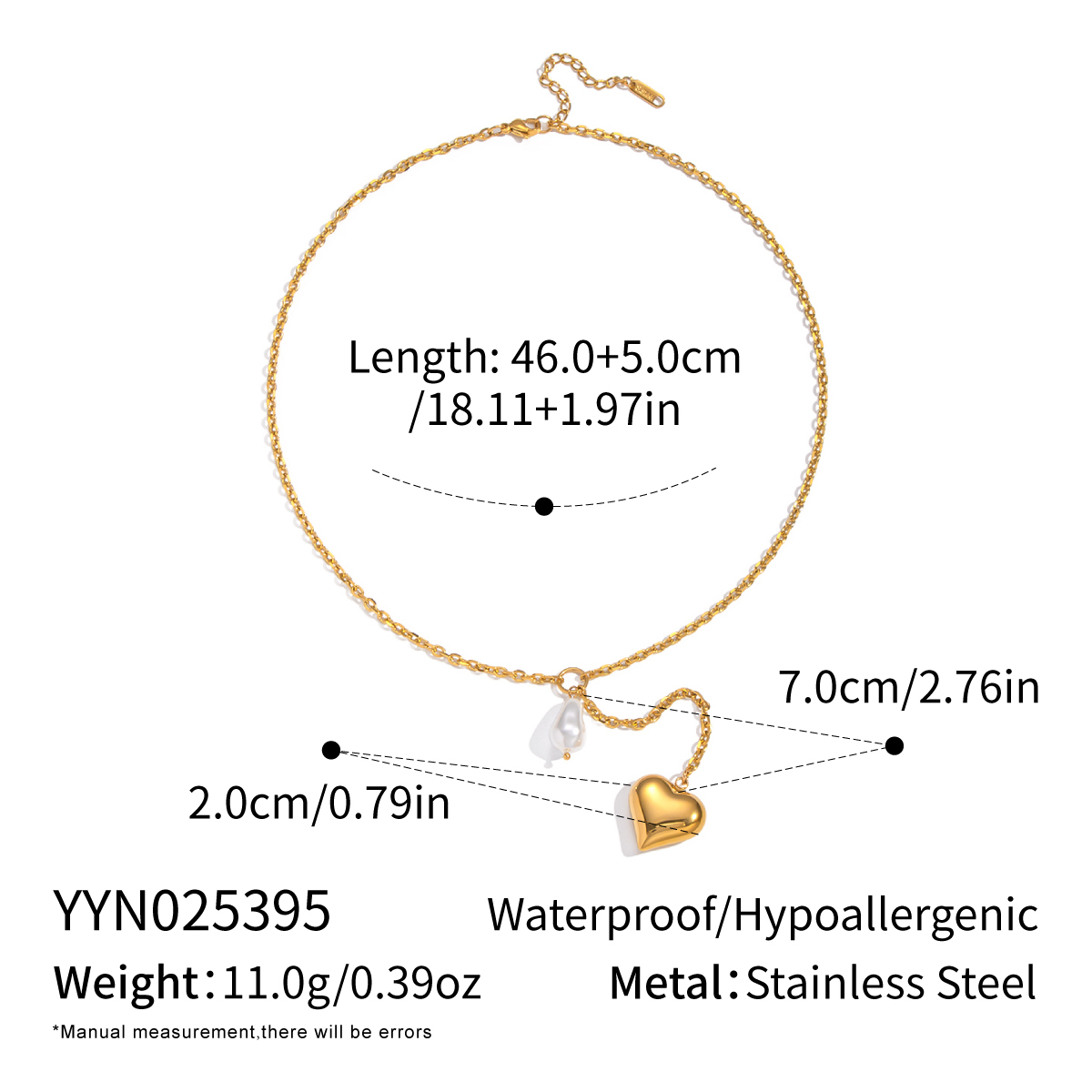 Personality Simple Baroque Imitation Pearl Heart Pendant Necklace Sweater Chain Light Luxury High-End Accessories Jewelry Vacuum Plating (Furnace)