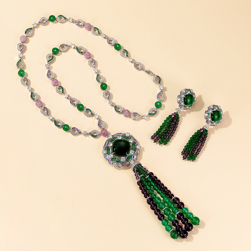 Retro Chinese Style Tassel Earrings 18K Gold Plated Emerald Handmade Beaded Fashion Personality Women's Jewelry Accessories