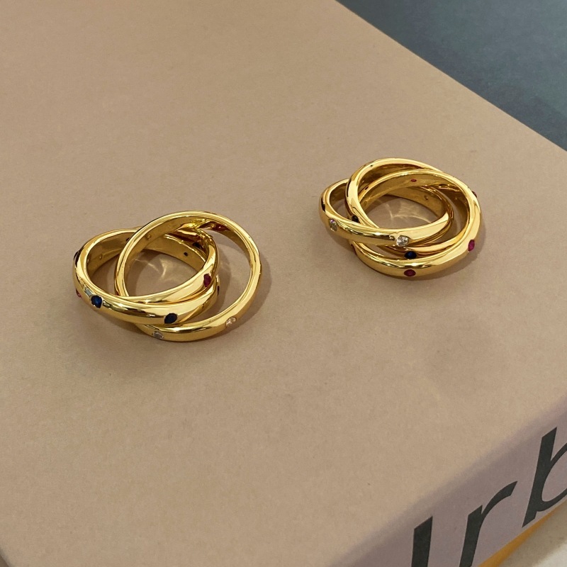 Classic Three- Ring Geometric Gemstone Rings Stylish Retro Fashionable Midi Rings Copper Material  Style