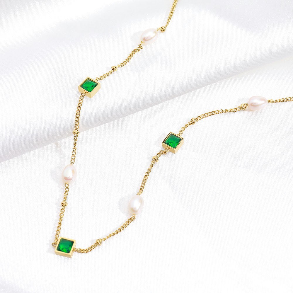 PVD Coated 18K Gold Plated Square Freshwater Pearl Titanium Steel Elegant French Style Classic Style Waterproof Non Tarnish Titanium Steel Necklace
