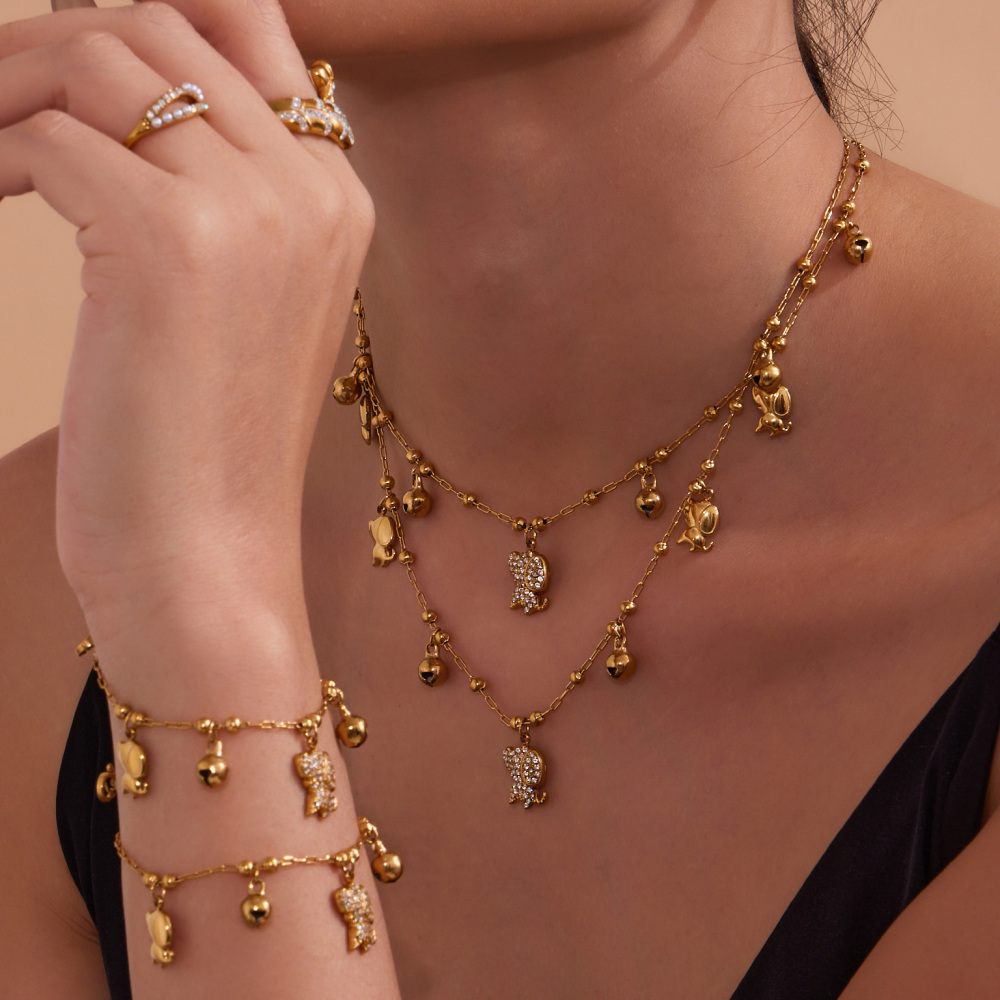 Stainless Steel Dog Zircon Necklace Bracelet DIY Multi Pendant Bell Luxury Versatile Jewelry Accessories Elegant Romantic