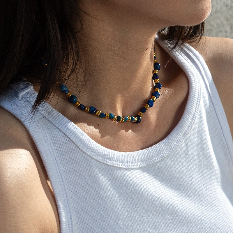 Vintage Natural Stone Beaded Necklace Short Irregular Design Geometric Mixed Material Women's Jewelry Accessories