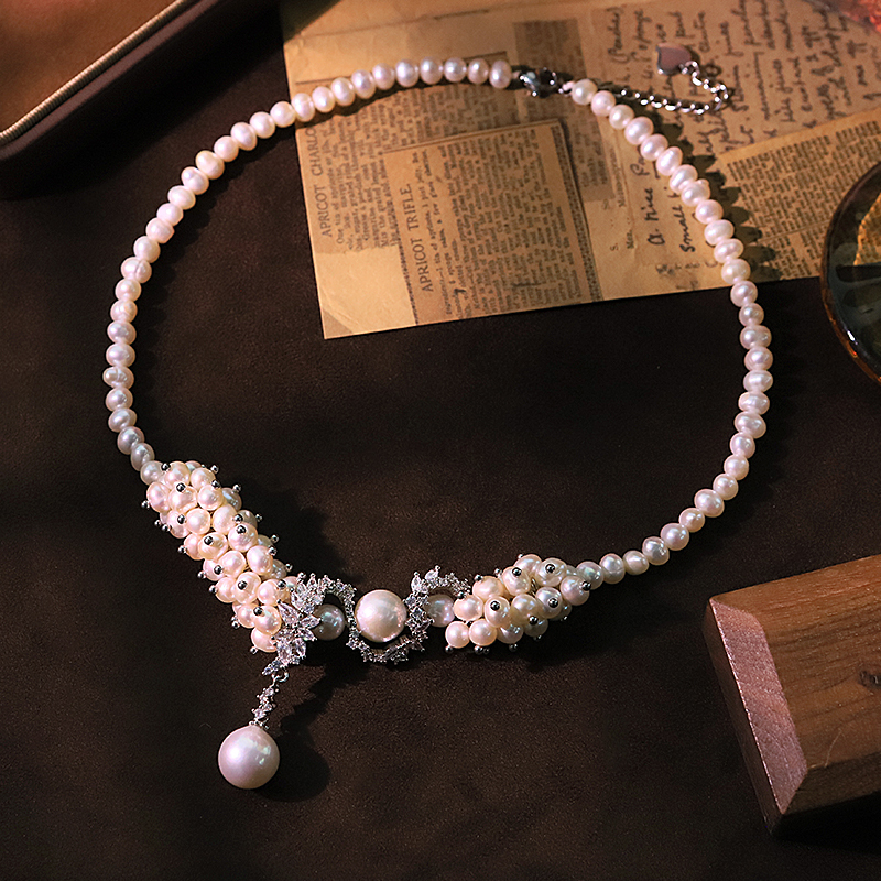 Natural White Pearl Flower Vine S-shaped Zircon Necklace Niche Light Luxury Neck Chain Versatile High-end Clavicle Chain For Women Copper Material
