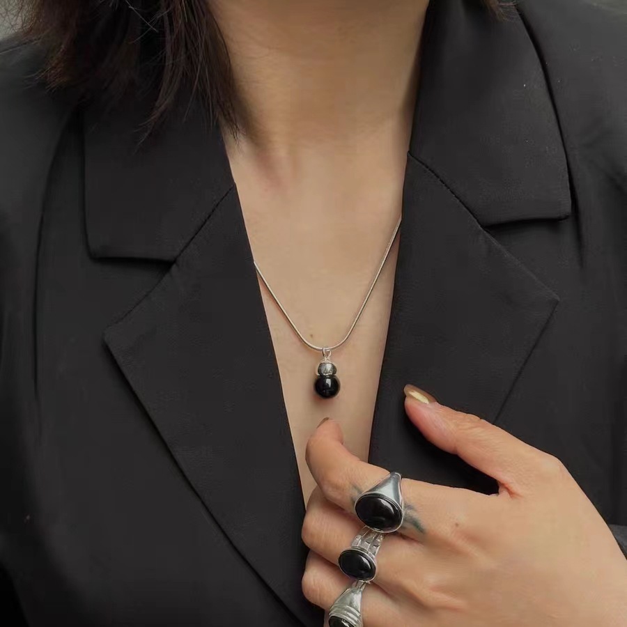 Snake Bone Chain Necklace With Natural Black Agate Pendant For Women Winter Accessories Sweater Chain