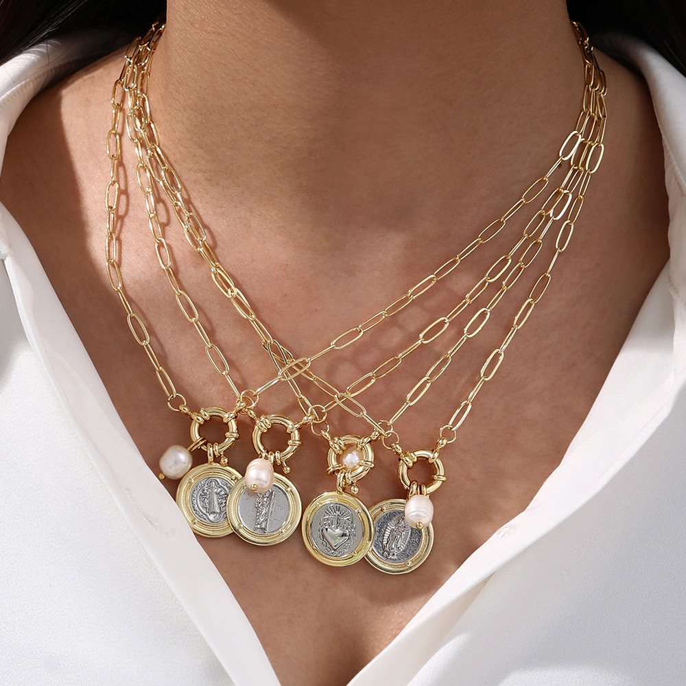 Elegant Retro Religious Geometric Round Mother Of Pearl Pendant Ring Necklace Jewelry Accessories For Women British Style