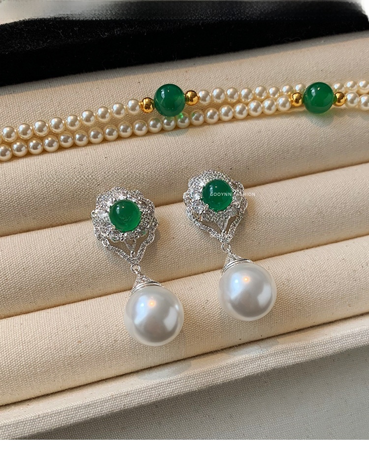 Natural Green Agate Pearl Drop Earrings Women's Luxury Unique Design High-End Sensation Court Style Jewelry Accessories