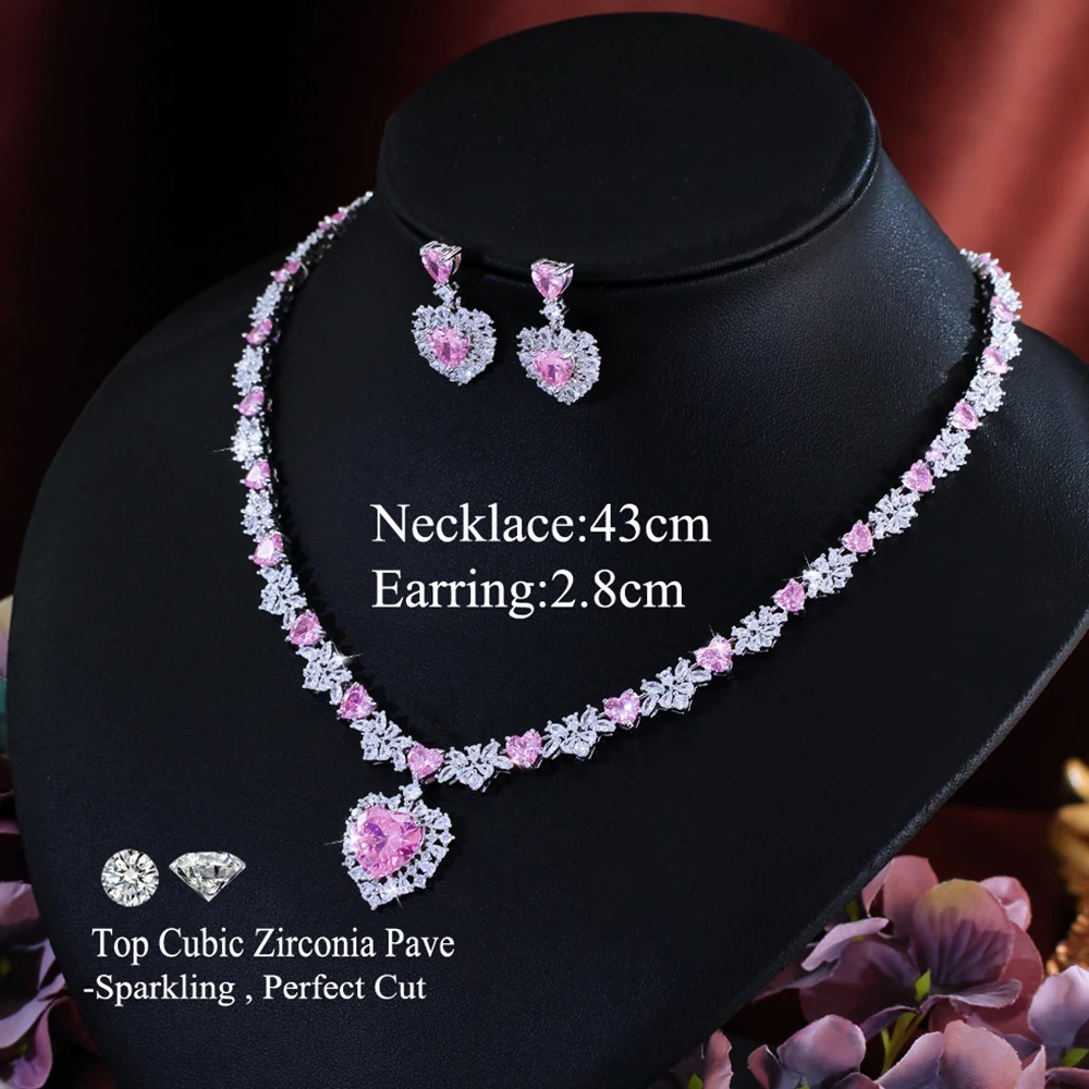 2-Piece Copper Jewelry Set Luxurious Romantic Pink Cubic Zirconia Heart Pendant Necklace Earrings Set Women's Wedding Party Banquet Jewelry