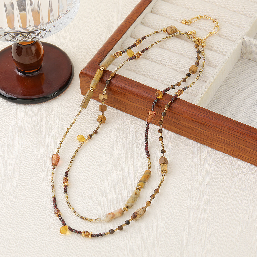 Ins Style Natural Stone Beaded Necklace Non-fading Sweater Chain Women's Vintage Accessories Autumn Winter Tiger Eye Stone Jewelry