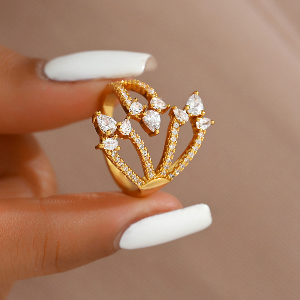 1 Piece Copper Inlaid Zircon Luxurious Gorgeous Palace Style Crown Shape Women's Ring Banquet Party Jewelry Accessories Adult Open