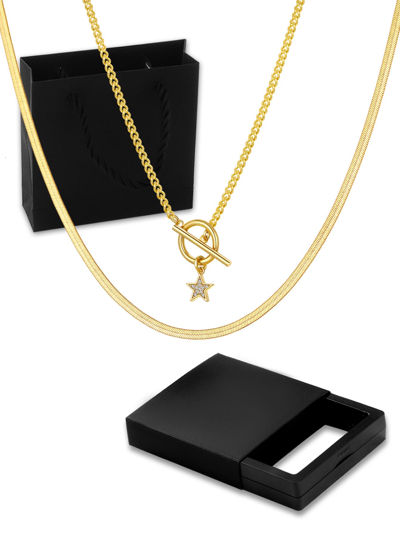 18K Gold Plated Personalized Grid Paperclip Box Multi-layer Necklace With Copper Inlaid Shiny Cubic Zirconia Pendant Set Necklace/Fashion Jewelry Gift Box Accessories/Suitable For Girlfriend Gifts And Daily Wear
