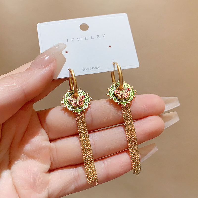 New Chinese Style National Trend Drip Glaze Long Tassel Women's Multi-Wear Drop Earrings Fashionable Versatile Copper Plated Geometric Pattern