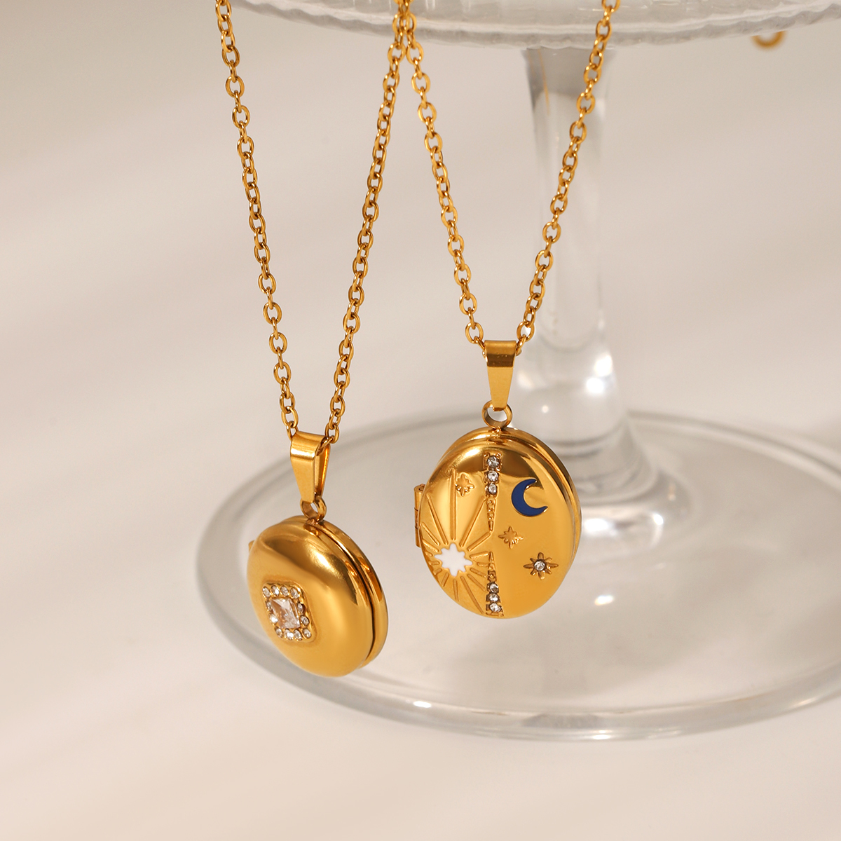304 Stainless Steel Round PVD Coated Zircon 18K Real Gold Plated Modern Style Artistic Waterproof Non Tarnish Inlay Cable Chain Lobster Trigger Clasp Closure Gold Pendant Necklace