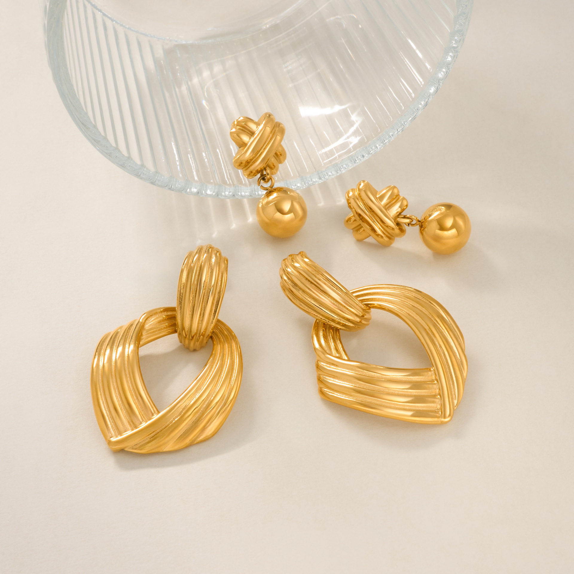 Fashionable 18K Gold Plated Titanium Steel Pendant Earrings Geometric Pattern Hip Hop Style Women's Jewelry Accessories