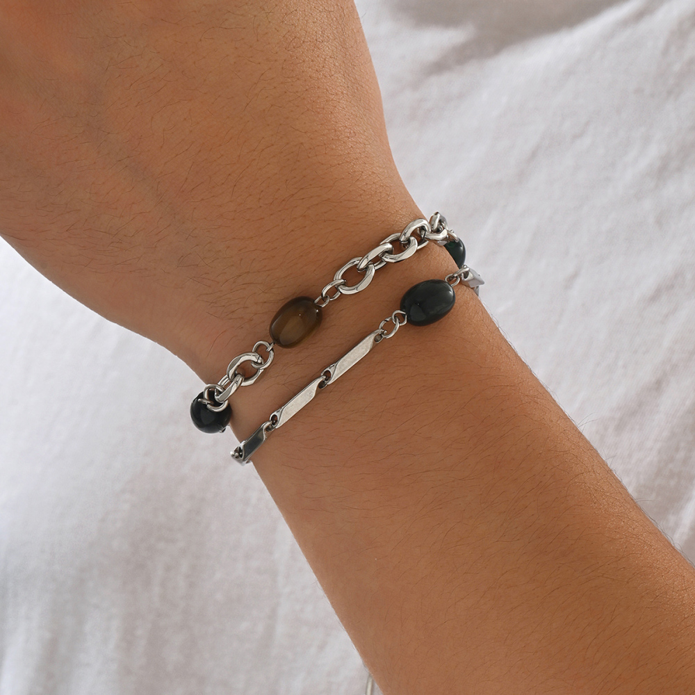 1 Piece 201 Stainless Steel Multicolor Stone Splicing Metal Chain Unisex Couple Bracelet Suitable For Couples, Best Friends, Parties, Gatherings, Vacations Jewelry Accessories