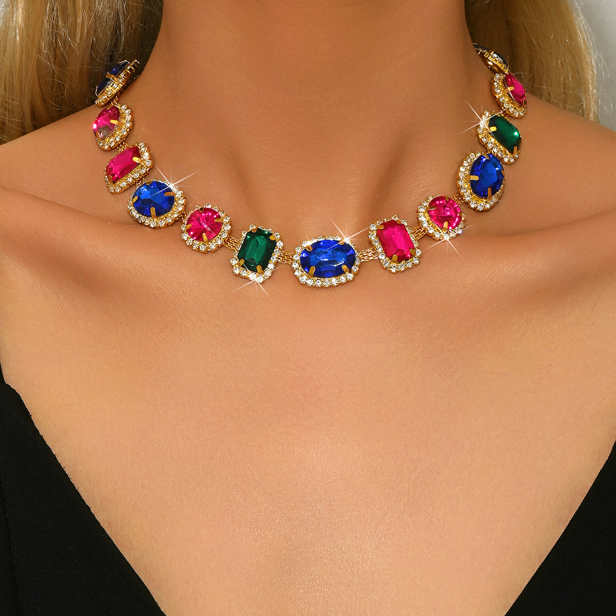 Exaggerated  Luxury Full Drill Geometric Oval Colorful Crystal Necklace And Earring Set Fashionable Collar Chain